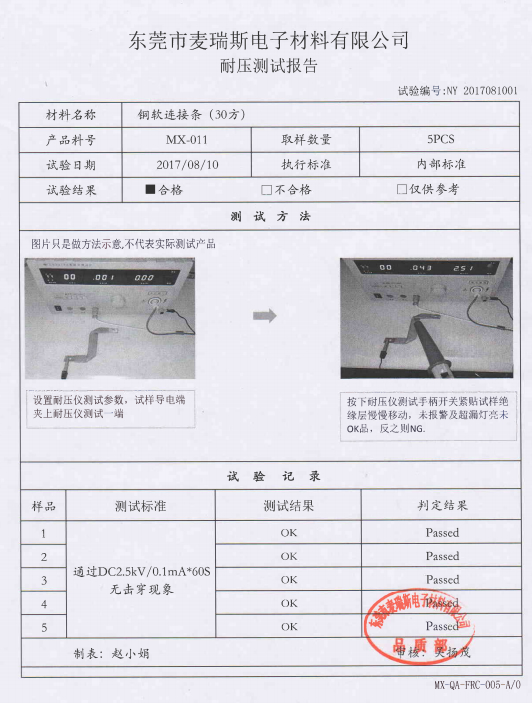 銅軟連接耐壓測試報告
